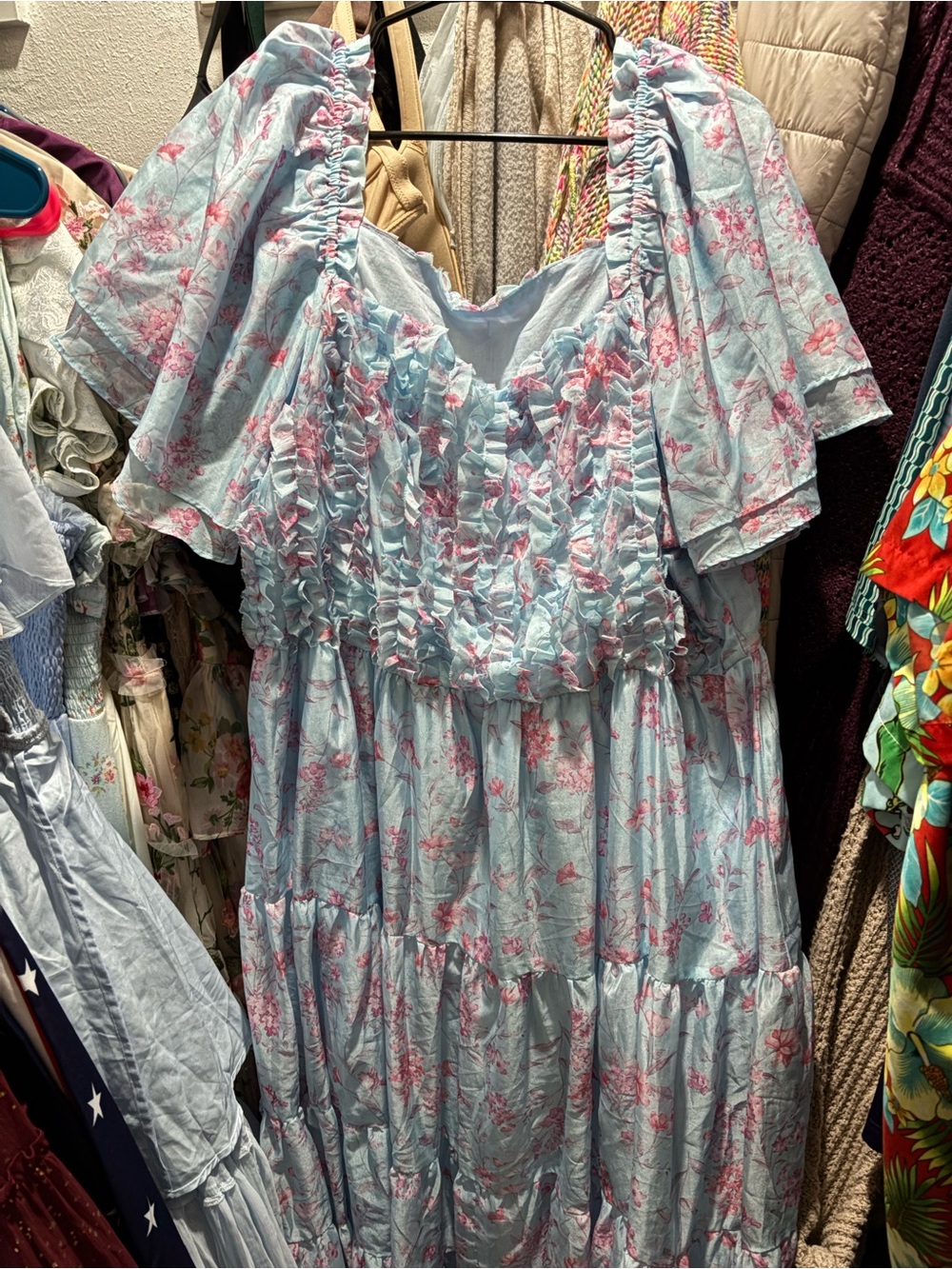 JessaKae Blue and Pink Floral Ruffled Maxi Dress